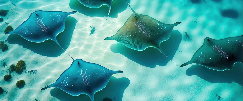 Imagen del fondo marino, con mantas raya, en la escala de crucero en Grand Cayman 