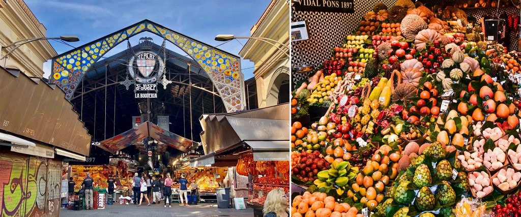 Mercado de La Boquería en Barcelona, famoso por su gastronomía y productos frescos.